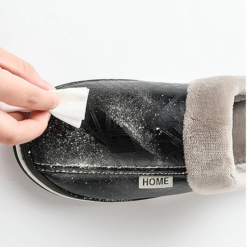 Men's Home Winter Indoor Slippers Warm Shoes Thick Bottom Plush Waterproof Leather House Man Slippers Cotton Flat Couple Shoes