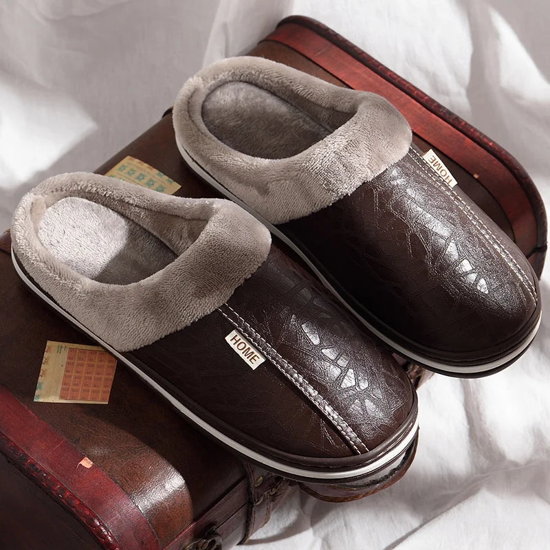 Men's Home Winter Indoor Slippers Warm Shoes Thick Bottom Plush Waterproof Leather House Man Slippers Cotton Flat Couple Shoes