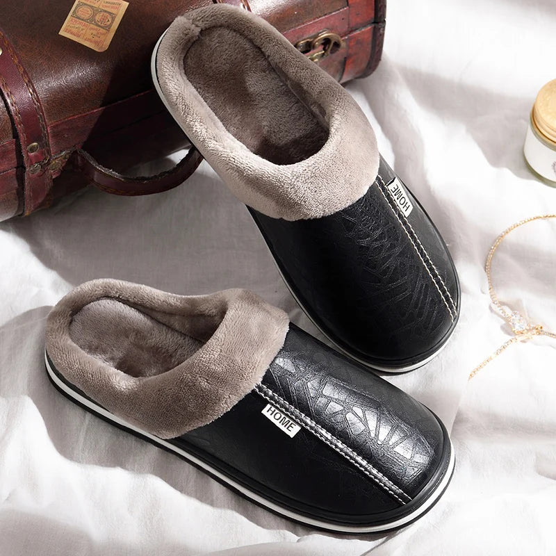 Men's Home Winter Indoor Slippers Warm Shoes Thick Bottom Plush Waterproof Leather House Man Slippers Cotton Flat Couple Shoes